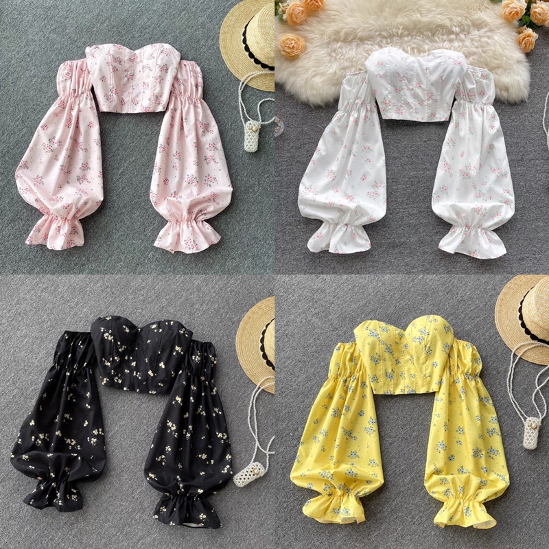 Áo croptop hoa ngực cúp trễ vai tay dài bồng Ulzzang Quảng Châu