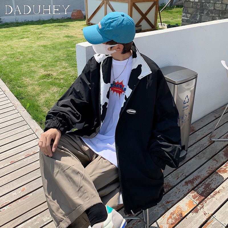 DaDuHey Men's Fashion Brand Fried Street Loose Casual Handsome Hong Kong Style Couple Turn-down Collar Coat Cow Full Printed Double-Sided Wear Workwear Jacket