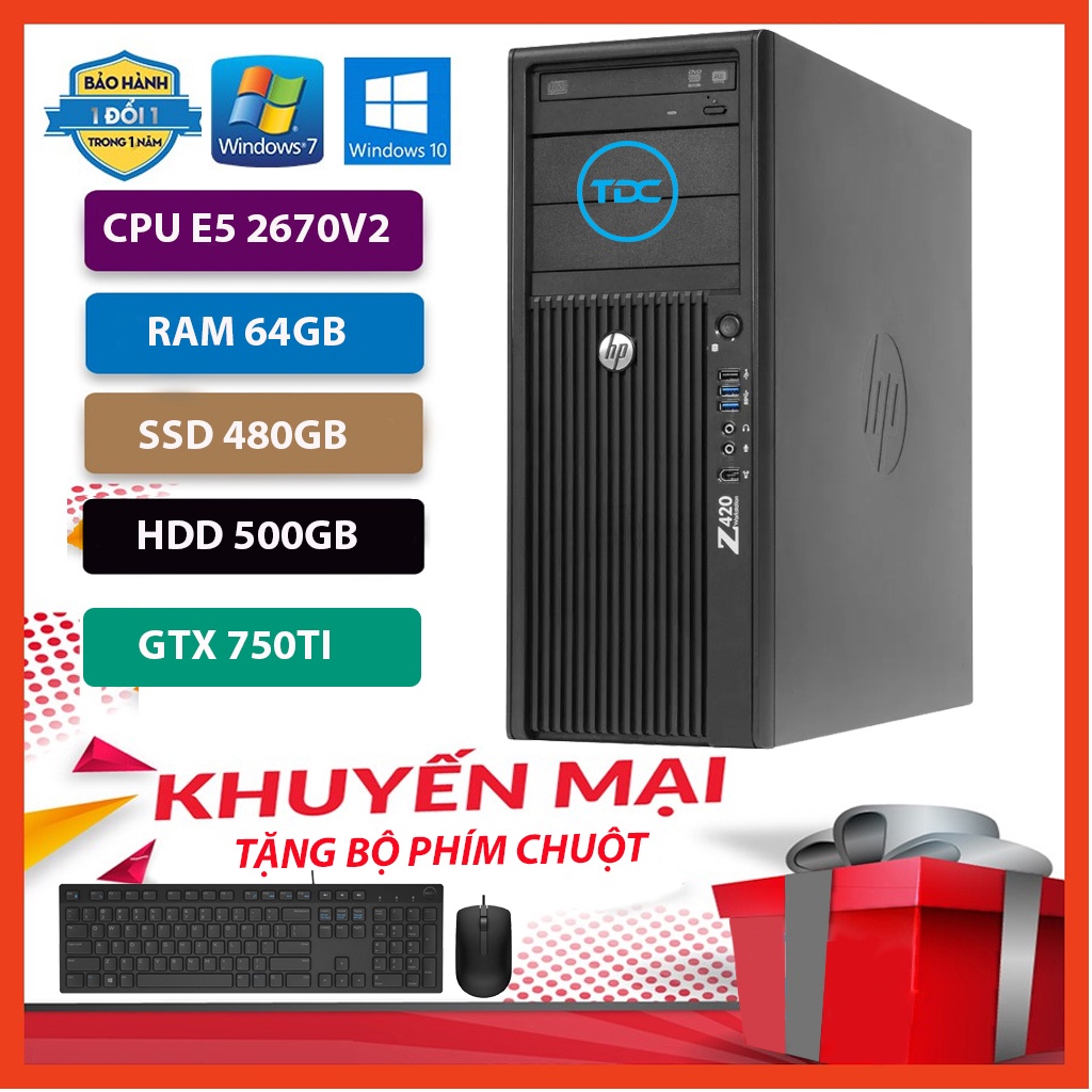 Máy Trạm HP Z420 Chuyên Đồ Họa/Game Nặng CPU E5 2670 V2 Ram 64GB,SSD 480GB,HDD 500GB,Card Rời GTX 750TI+Qùa Tặng