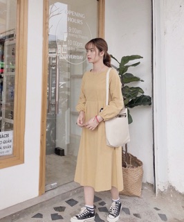 Đầm midi trơn tay bo (kèm hình thật)