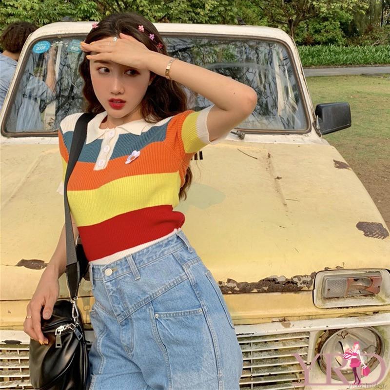 Áo thun polo nữ kẻ sọc cổ bẻ màu sắc ngọt ngào | BigBuy360 - bigbuy360.vn