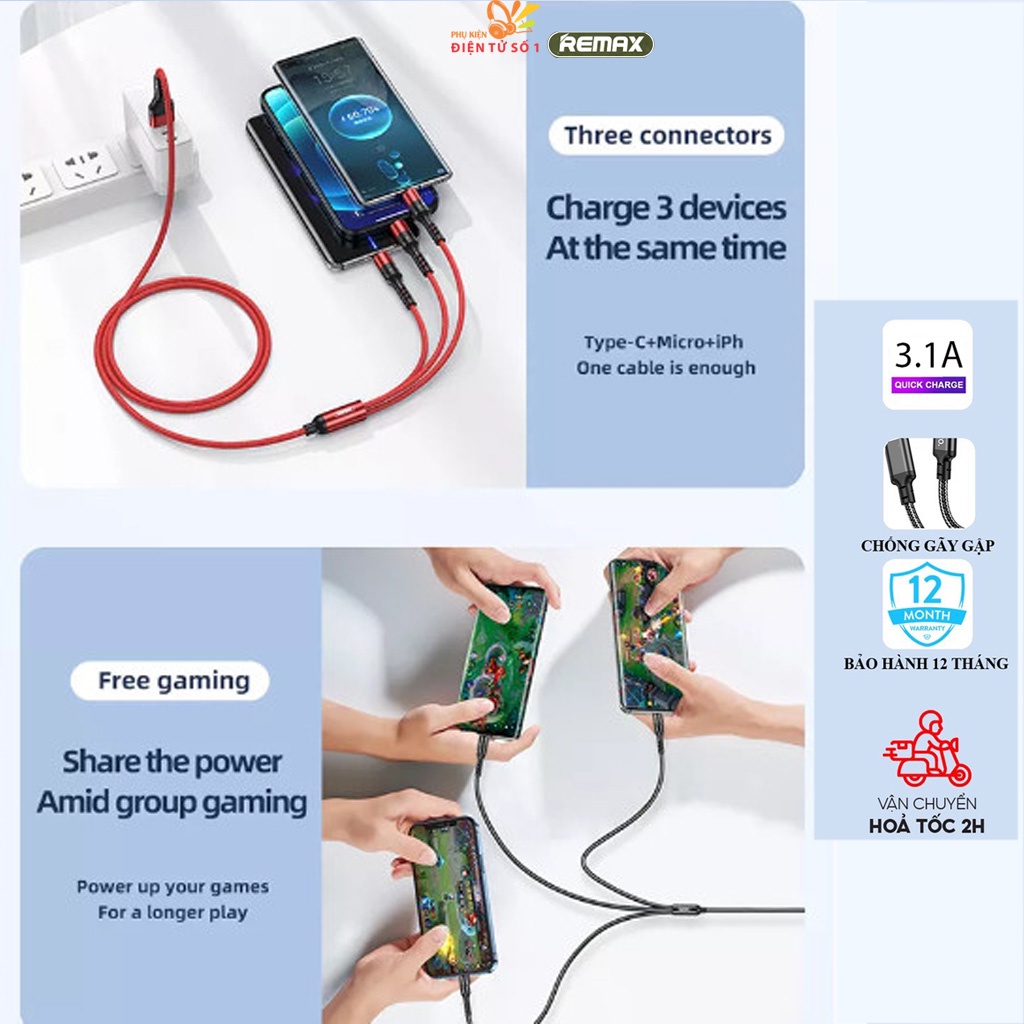 Cáp sạc nhanh 3.1A Remax RC 186th chính hãng dài 1.2m, chống gẫy rối, đầu sạc Type C + Micro + L.ning