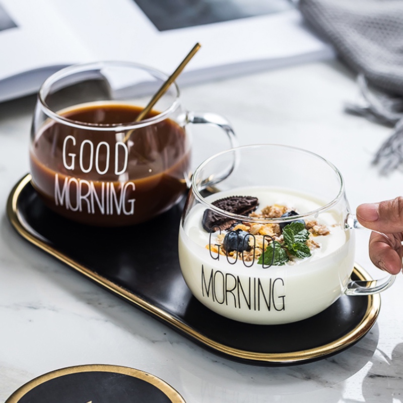 Ly thủy tinh dễ thương uống nước cute GOOD MORNING 350 ml Cốc thủy tinh chịu nhiệt có quai decor OUDECOR