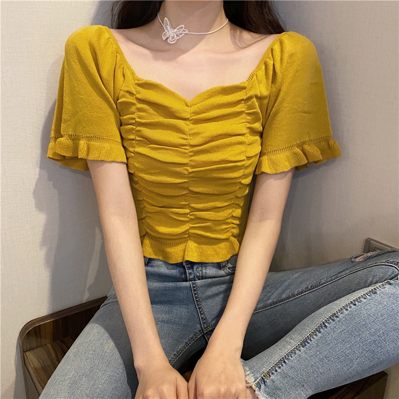 IELGY    Áo Thun Dệt Kim Ngắn Tay Hở Rốn Ôm Dáng Xếp Ly 7 Màu Sắc Tùy Chọn Cho Nữ