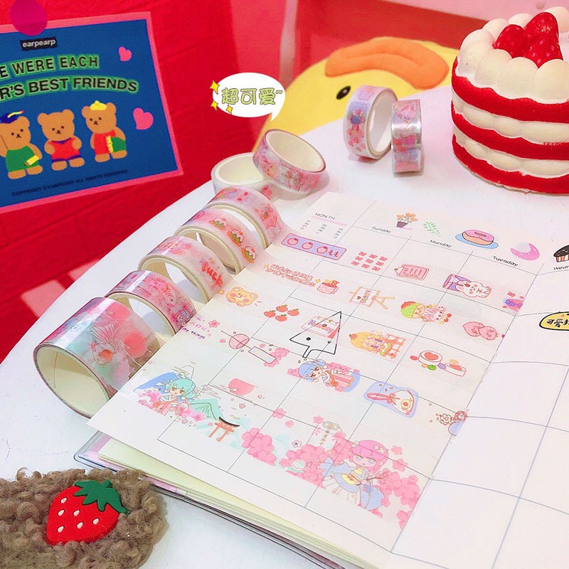 Hộp Washi Tape Cute Băng Dán Trang Trí Xinh Nhiều Họa Tiết Dễ Thương Loại 8 Cuộn Bóng Và Nhũ Kim Tuyến