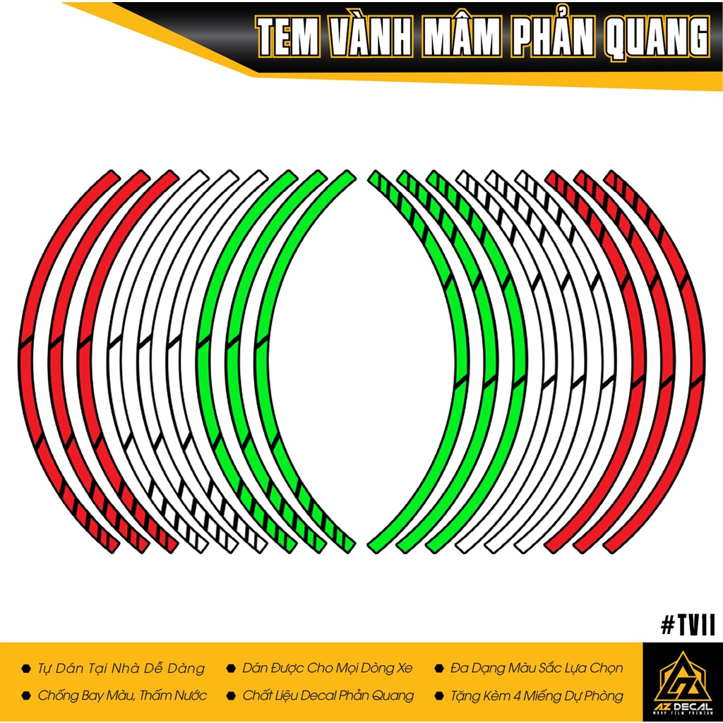 [Đủ 2 Bánh] Tem Dán Vành Mâm 3 Màu | TV11| Decal Phản Quang Chống Nước