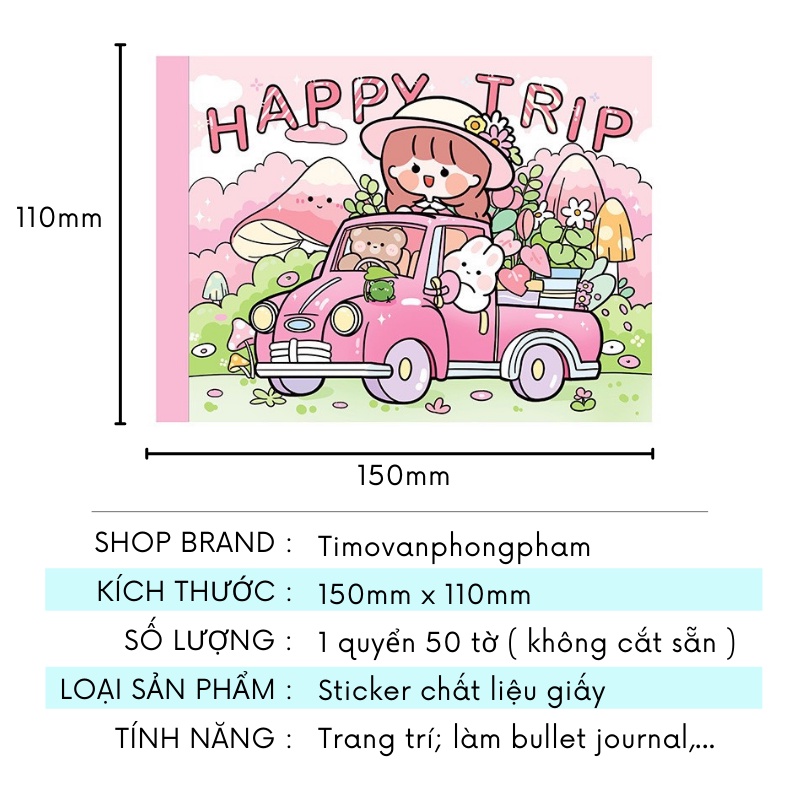 Sổ Sticker Cute Mini Happy Trip 50 Tấm Dụng Cụ Dán Bullet Journal Trang Trí Sổ Tay Nhật Ký ST42