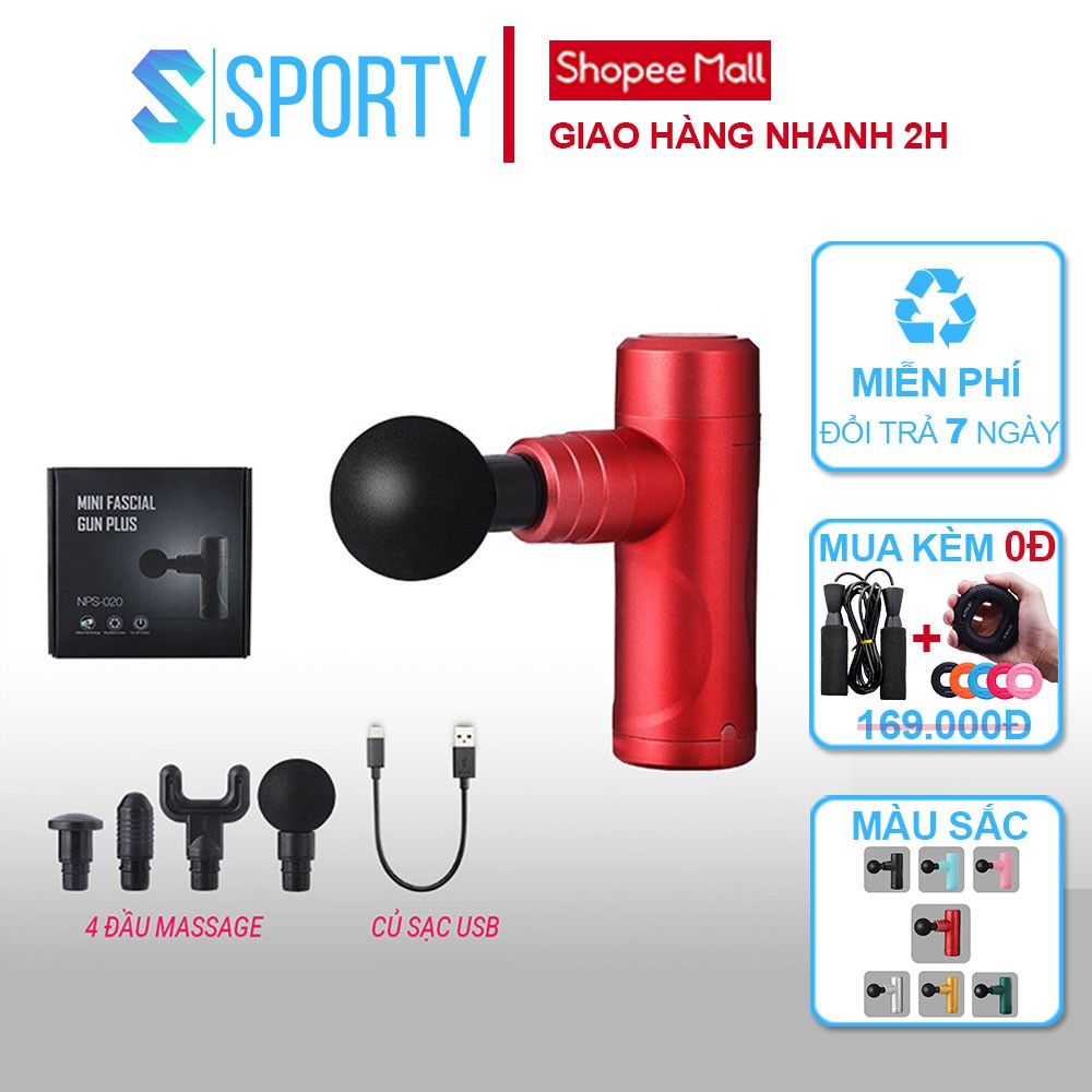 Máy Massage Facial Gun MINI08 SPORTY tích hợp có 4 đầu Massage có thể thay thế làm giảm đau, căng, tức cơ bắp