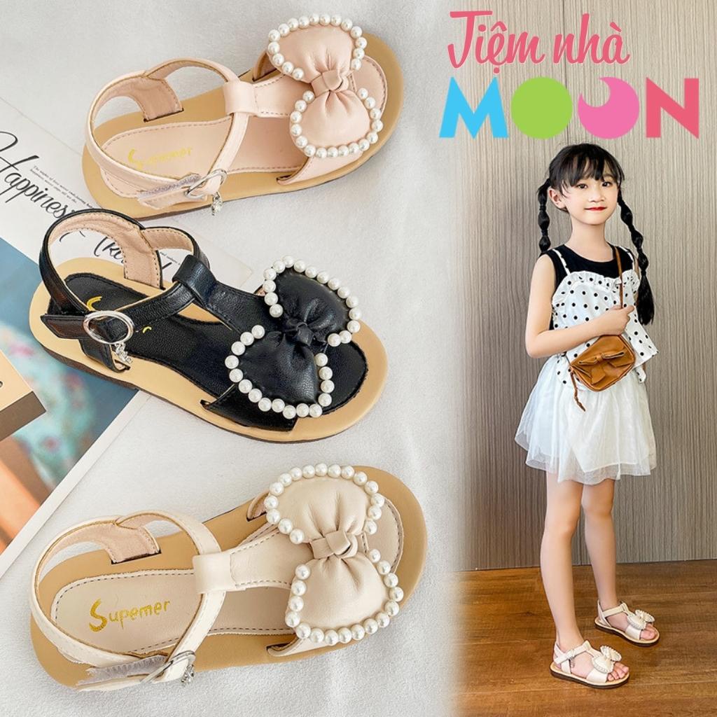 Sandal bé gái đính nơ ngọc dễ thương (phom nhỏ) đế cao su mềm chống trơn trượt cho bé