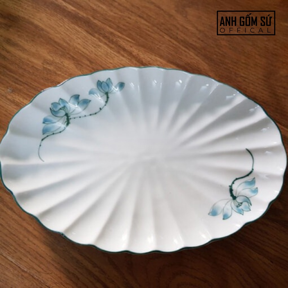 Đĩa sứ Bát Tràng họa tiết sen xanh, đĩa đựng đồ ăn men kem cao cấp nhiều mẫu