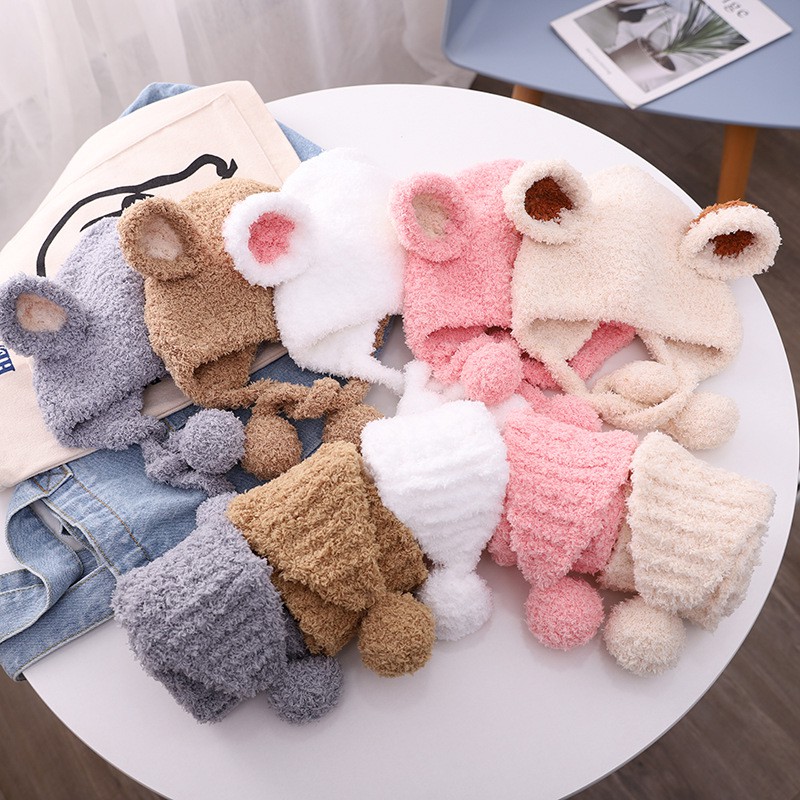 Mũ+Khăn Choàng Cổ Dệt Kim Màu Trơn Phong Cách Hàn Quốc Giữ Ấm Cho Bé Sơ Sinh Có Thể Mua Lẻ