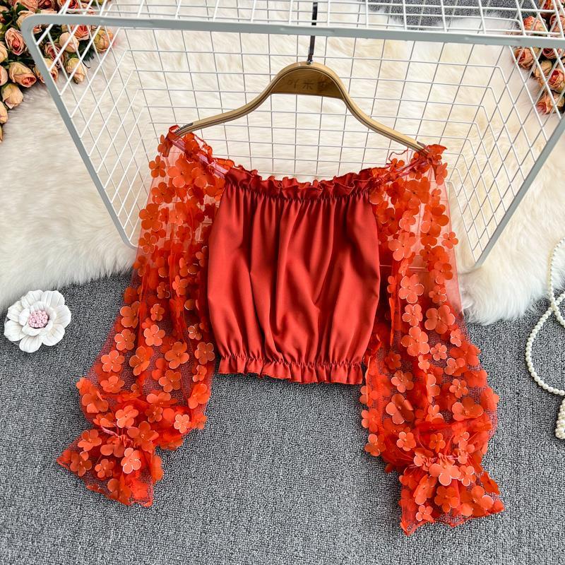 Jiashucheng Hàng Có Sẵn Áo Sơ Mi Chiffon Ba Chiều Dáng Rộng Mỏng Ghép Ba Chiều Phối Hoa Nhìn Xuyên Thấu Cho Nữ