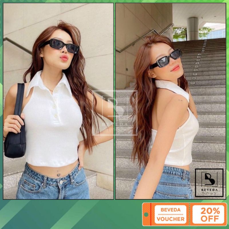 Áo Kiểu Nữ Ba Lỗ Croptop Cổ Bẻ Có Nút Hở Lưng