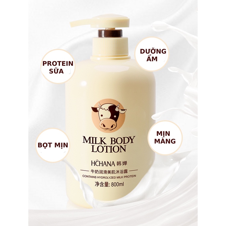 Sữa tắm Milk Body Botion Hchana chiết xuất Protein từ sữa thủy phân dưỡng ẩm thơm mát từ sữa bò 800ml