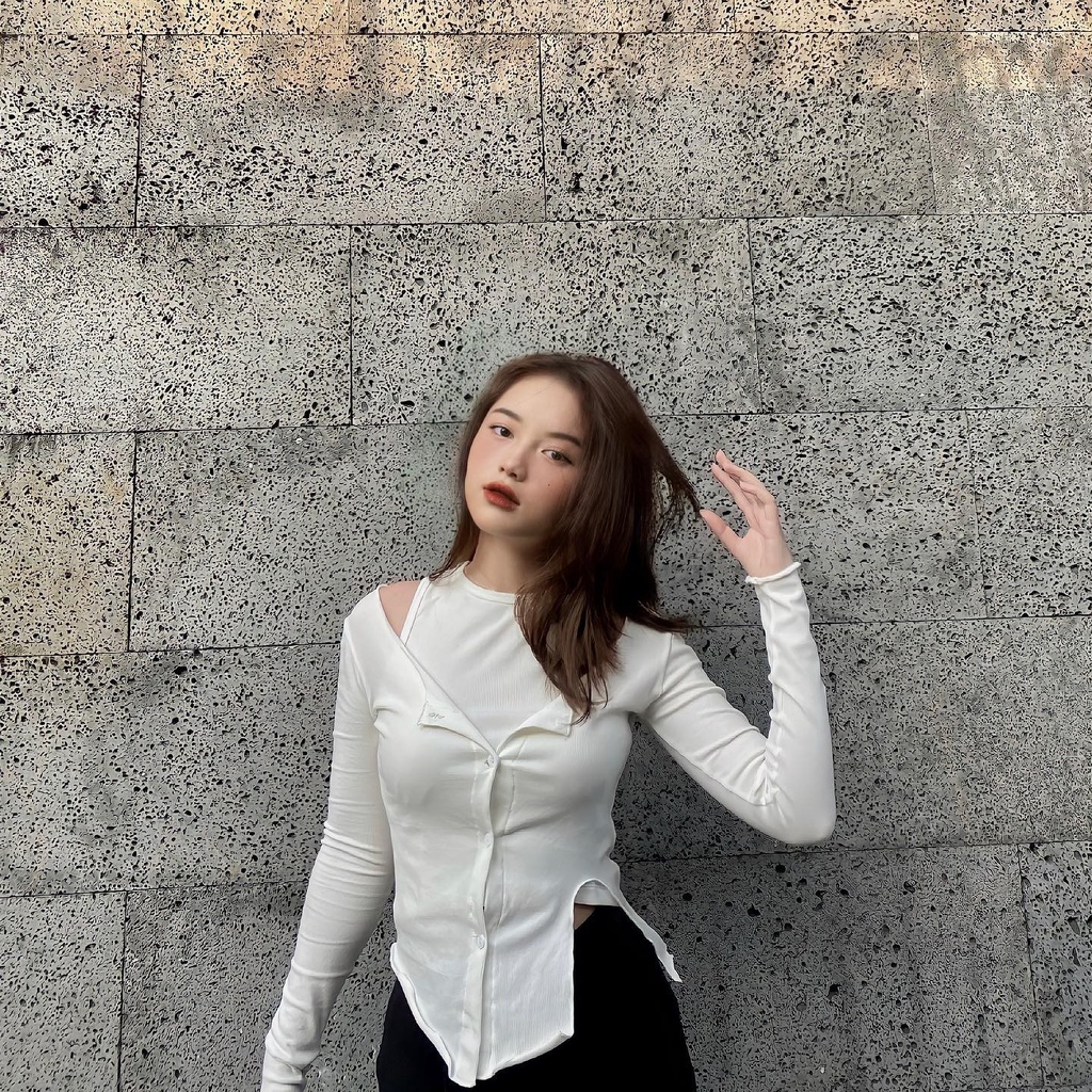 Áo Thun Tay Dài Màu Trơn Thiết Kế Xẻ Tà Kèm 2 Áo Tank Top