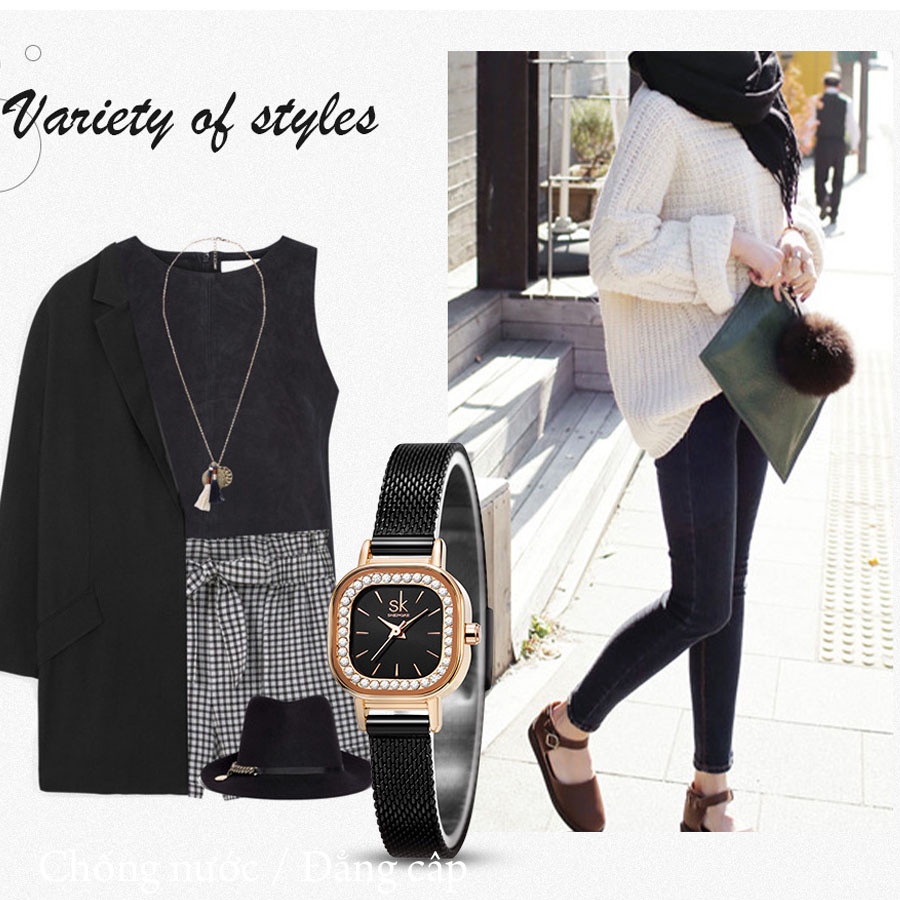 Đồng hồ nữ sk mặt vuông, đồng hồ nữ chống nước, sang trọng