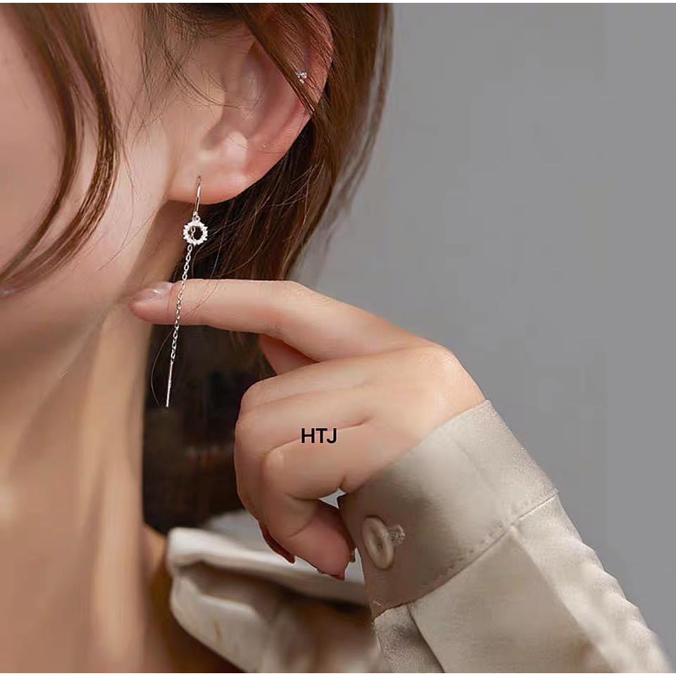 Bông tai nữ bạc thật mặt tròn đính đá dáng dài cực đẹp - Kho sỉ bạc Nhất Linh