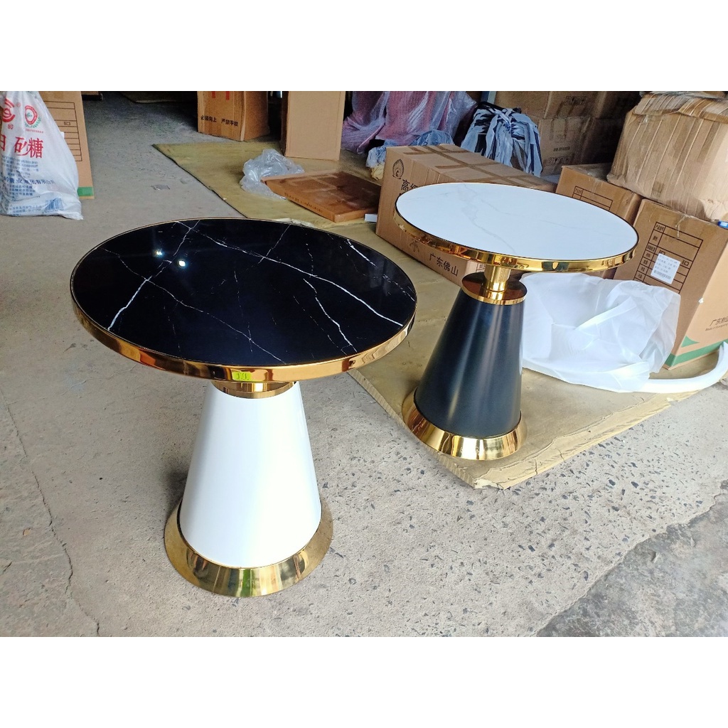Bàn ăn cafe chân thép sơn tĩnh điện + inox mạ vàng B38