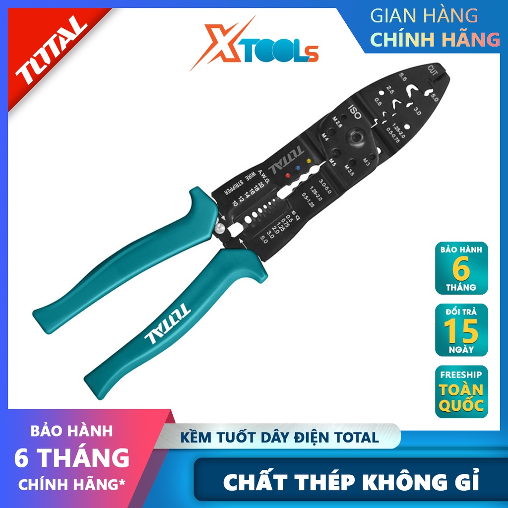 Kềm tuốt dây điện TOTAL THT15101 Kìm tuốt dây Kích thước 10&quot; (254mm),Thép CR-V, tay cầm cách điện bóc, tách vỏ dây điện