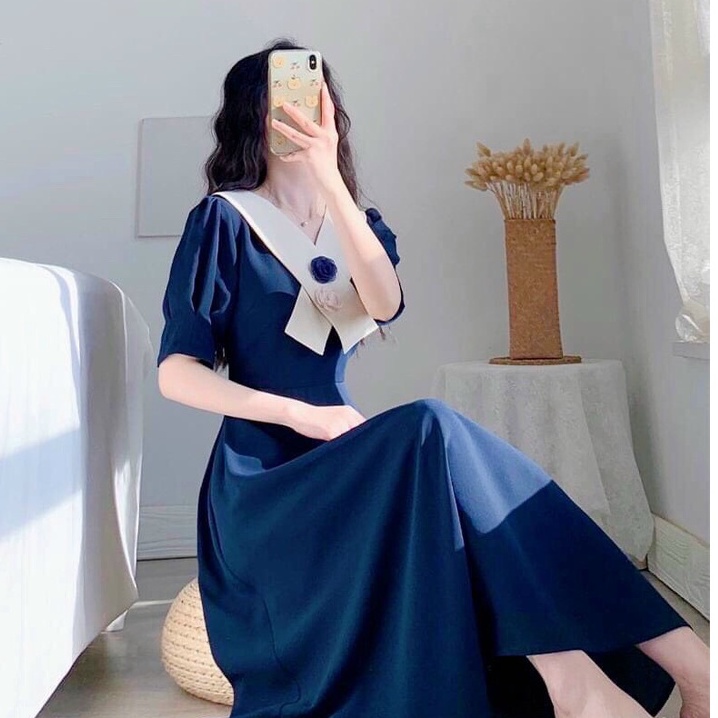 Váy thiết kế xanh coban dự tiệc dạo phố,đầm nữ dáng xòe cổ V tặng kèm tab hoa chất liệu cotton mịn full 2 lớp XM Minh Ph