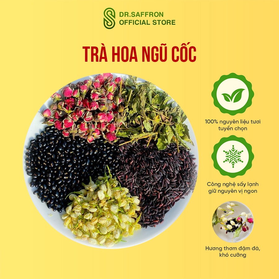 Trà hoa ngũ cốc thảo mộc thanh nhiệt cơ thể gồm gạo lứt đậu đen, hoa nhài, hoa hồng - gói 10gr