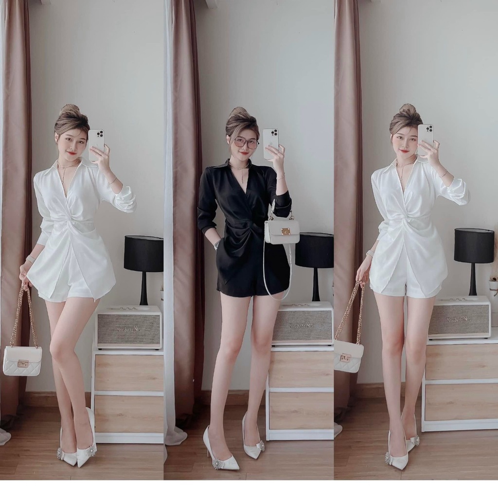 (Sale FreeShip) Sét bộ thiết kế,bộ nữ đi chơi áo sơ mi xoắn eo sang chảnh phối quần có túi chất tuyết nhung cao cấp