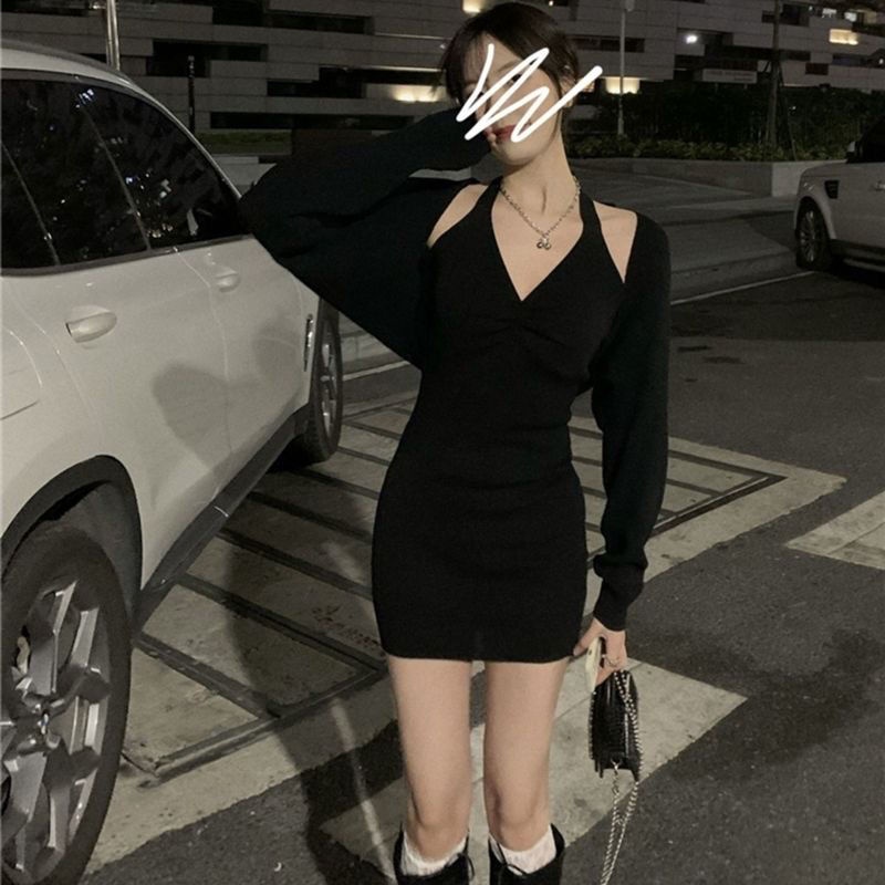 Váy body sexy hở lưng cổ yếm đen hàn quốc váy ngắn nữ