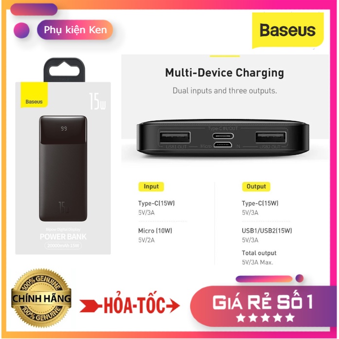 Pin sạc dự phòng 15W 30000mAh Chính Hãng Baseus Bipow Power Bank 2 Cổng sạc nhanh , bảo hành 24 tháng