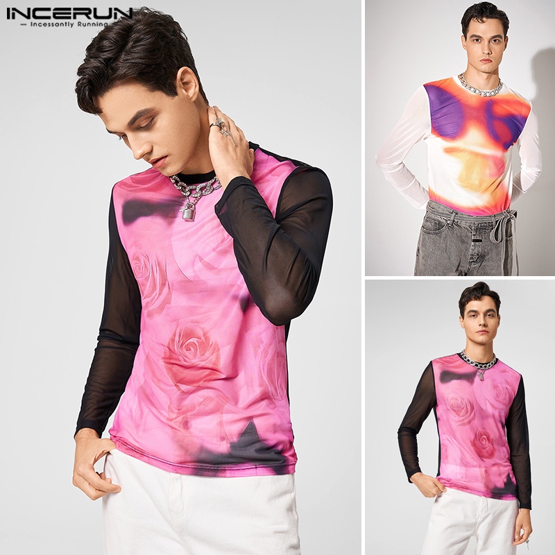 Áo thun Incerun phối lưới trong suốt tay dài in họa tiết trừu tượng thời trang cho nam