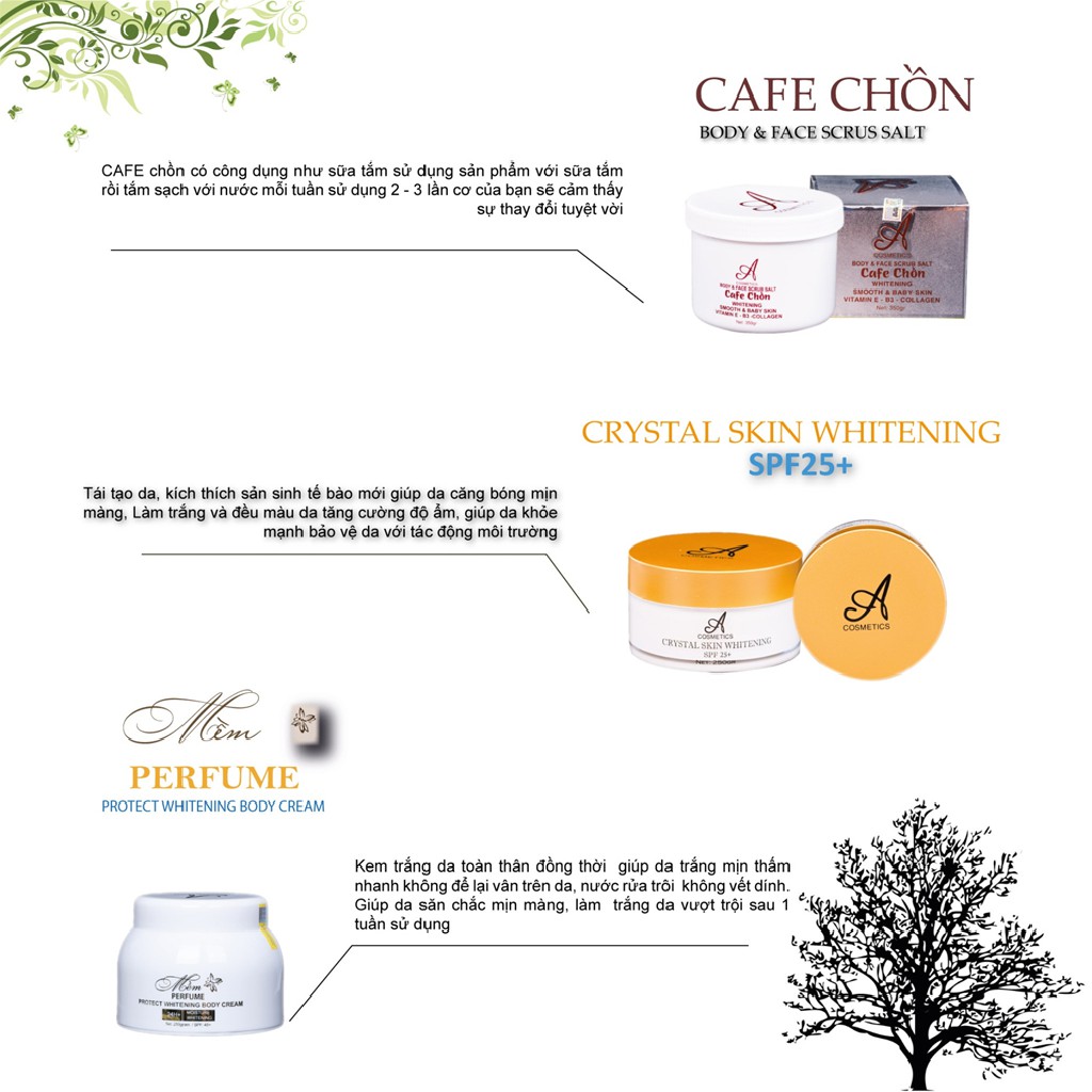 Combo Kem Body Mềm , Ủ Trắng Pha Lê Tinh Thể Nước & Muối Tẩy Tế Bào Chết Cafe Chồn Acosmetics | BigBuy360 - bigbuy360.vn