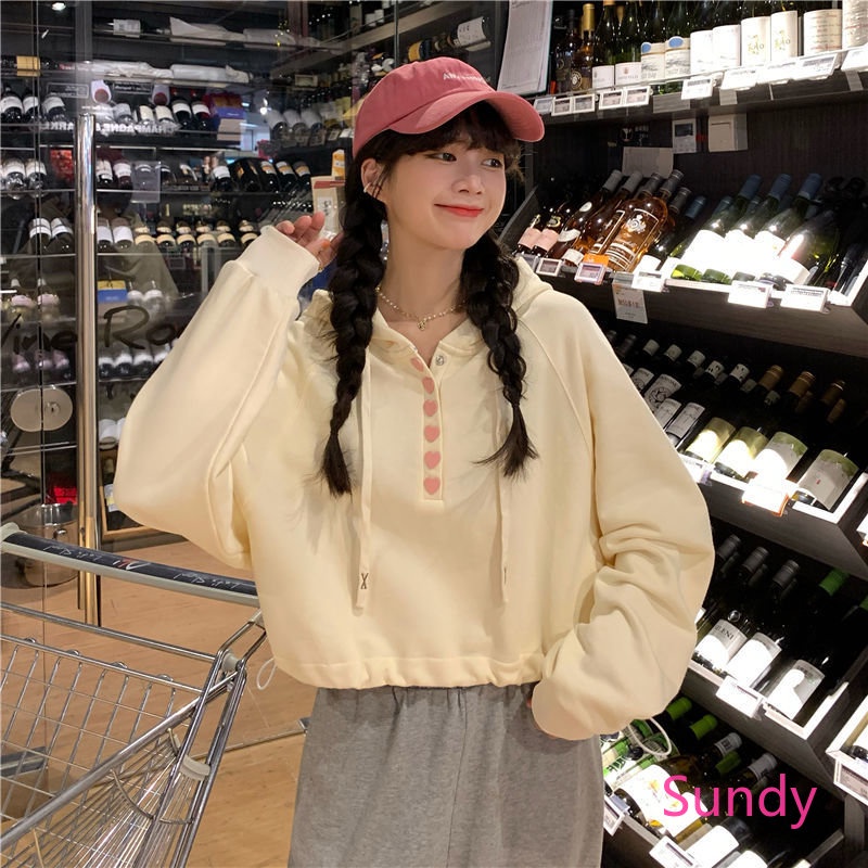 Áo Hoodie Dài Tay Dáng Rộng Eo Cao Phối Dây Rút Thời Trang Mùa Thu Hàn Quốc Dành Cho Nữ