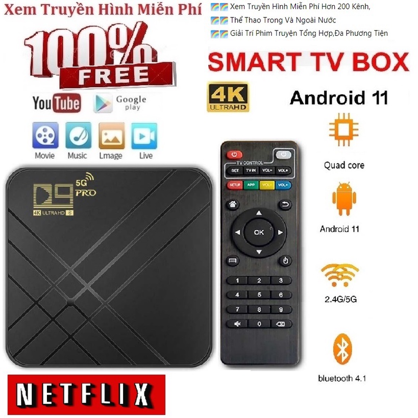 Tv Box-Smart Box Tv Android 11.0 Ram 4GB Rom 32GB 4K 1080p Wifi 2.4g Xem Miễn Phí 200 Kênh Truyền Hình,Netflix