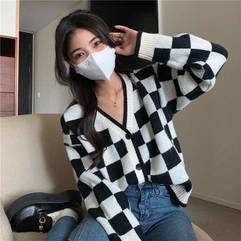 Áo khoác cardigan cổ chữ V dáng rộng thời trang Hàn Quốc