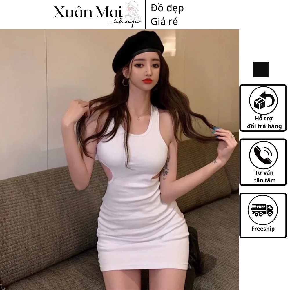 [FREESHIP] Đầm ôm body nữ thiết kế ba lỗ khoét eo hở lưng hai màu đen trắng