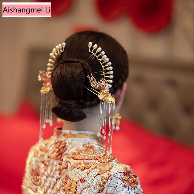 [Aishang Trang Sức Đẹp] Phụ Kiện Vương Miện Cô Dâu Xiuhe Trung Quốc Cổ Điển Phối Tua Rua Phụ Kiện Đám Cưới Hóa Trang Hoàng Hôn Phoeni