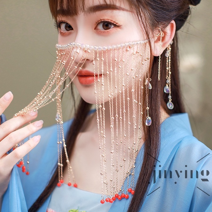 GETNOIVAS Mạng che mặt đính hạt nhiều màu kiểu tua rua dáng dài phong cách Trung Hoa cổ điển dành cho nữ