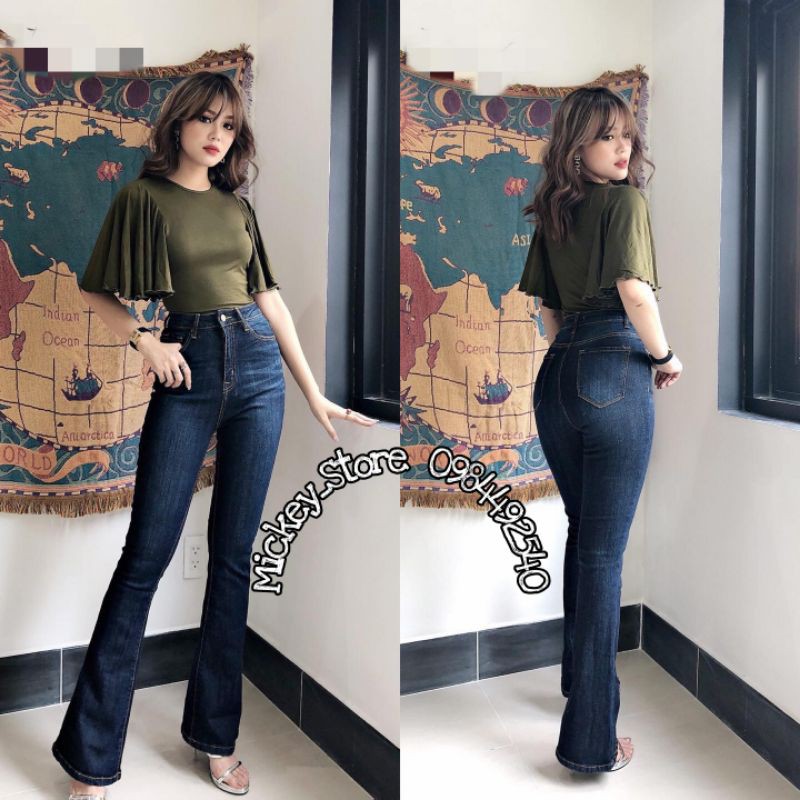 Quần bò loe dáng dài VNXK xanh đậm