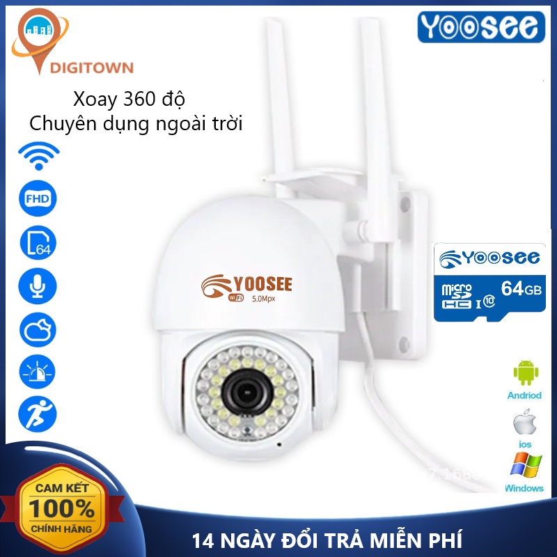 Camera Wifi IP Yoosee 5.0Mpx FULL HD siêu nét 2 râu 36 led Chuyên dụng ngoài trời xoay 360 đàm thoại 2 chiều BH 2 năm