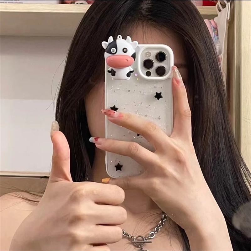 Ốp Điện Thoại Trong Suốt Họa Tiết Bò Sữa 3D Kim Tuyến Thời Trang Dành Cho Iphone 13 11 12 Pro MAX XS X MAX XR