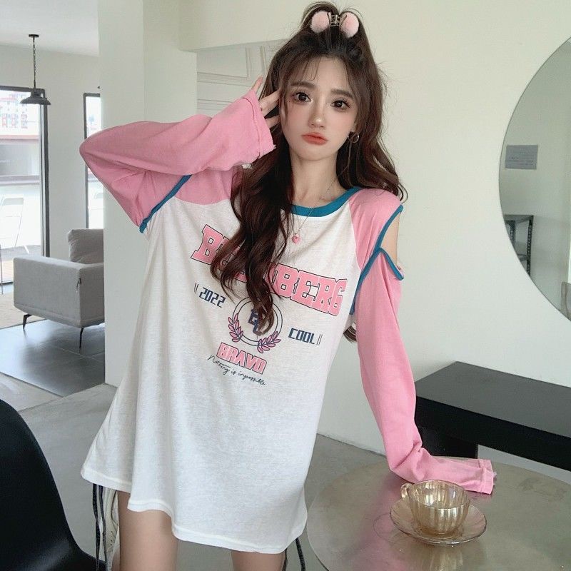 Jiashucheng Áo Thun Tay Dài Hở Vai Dáng Rộng Vừa Vặn Mùa Thu Phong Cách Hàn Quốc Cho Nữ