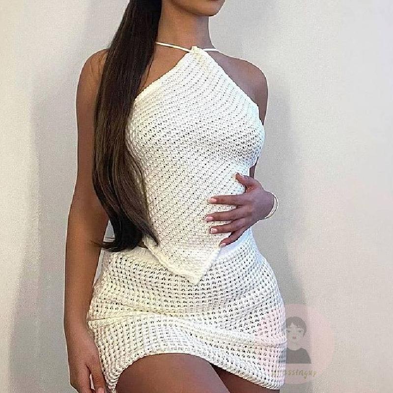 DRE-Women´s Two-Piece Outfits, Solid Color Sleeveless Halterneck Irregular Hem Tank Tops + High Waist Package Hip Skirt