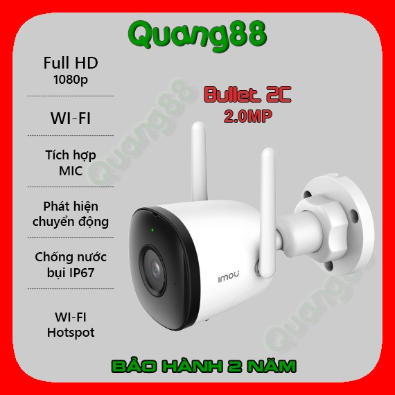 Camera Wifi ngoài trời IMOU Bullet 2C. Độ phân giải Full HD 1080p - 2.0MP. phát hiện con người, tích hợp MIC, hồng ngoại