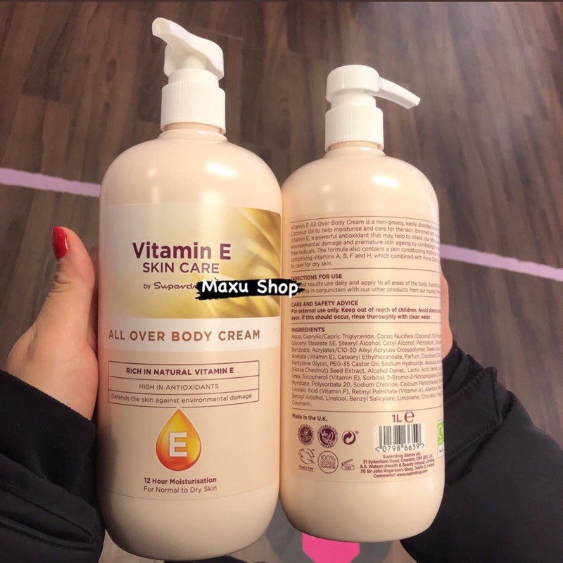 Superdrug Vitamin E Skin Care All Over Body Cream 1L- kem dưỡng thể Superdrug Vitamin E 1 lít