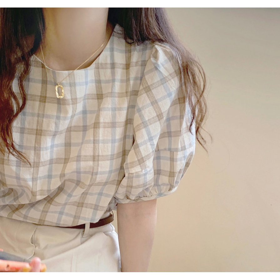 SUXI Áo Kiểu Tay Ngắn Cổ Tròn Dáng Rộng Họa Tiết Sọc Caro Phong Cách Retro Hàn Quốc Cho Nữ