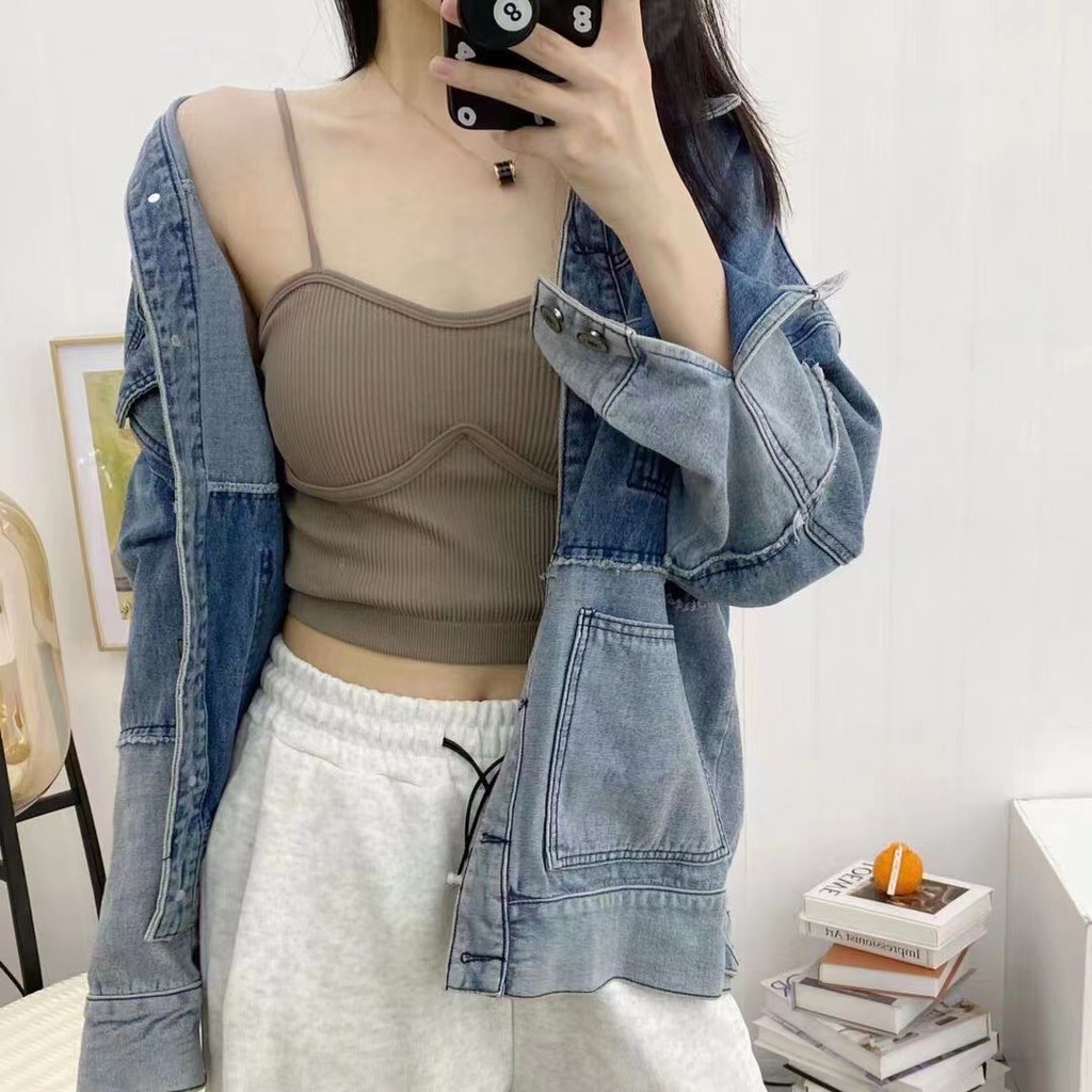 Áo 2 Dây Nữ Croptop Gân Tăm Viền Ngực Đệm Ngực Dáng Ôm 2D14