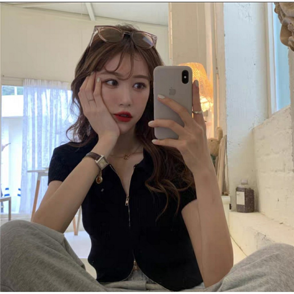 Áo croptop phối dây kéo 🔸 SIÊU XINH 🔸 áo thun nữ cổ trụ form ôm nhẹ Ulzzang 2 màu Đen/ Xanh - D09