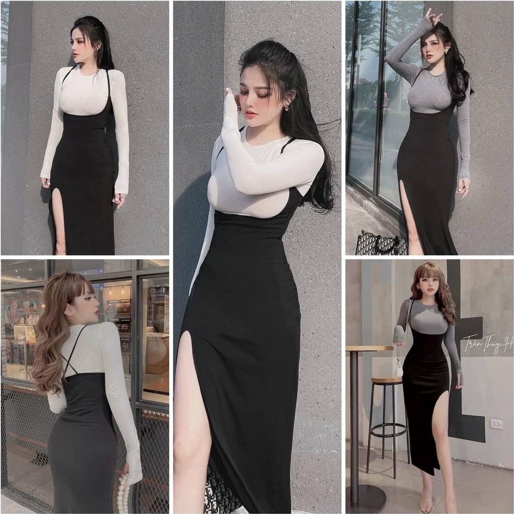 Đầm body dáng dài xẻ tà tay dài duyên dáng
