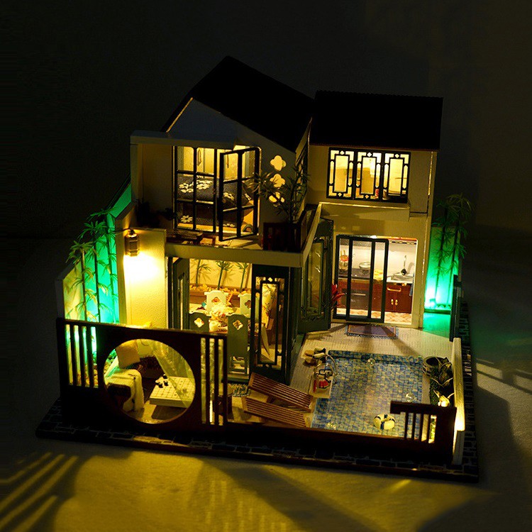 Mô hình nhà DIY Doll House Happy Restaurant Kèm Mica Chống bụi, Bộ dụng cụ, Keo dán và Bộ phát nhạc