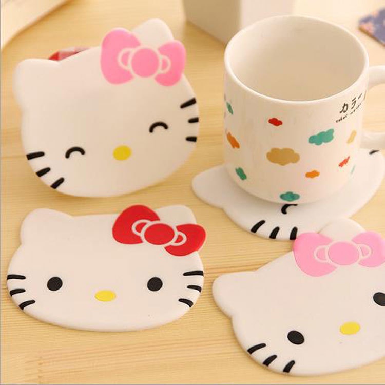 Bộ 2 Đế Lót Ly Trà / Cà Phê Bằng Silicon Cách Nhiệt Chống Trượt Hình Hello Kitty Sáng Tạo