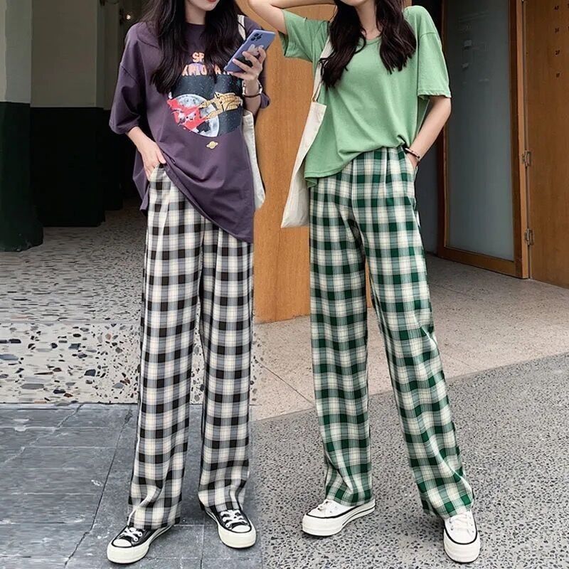 3293❤️ korean pants for women plus size high waist plaid pants loose casual straight leg full length